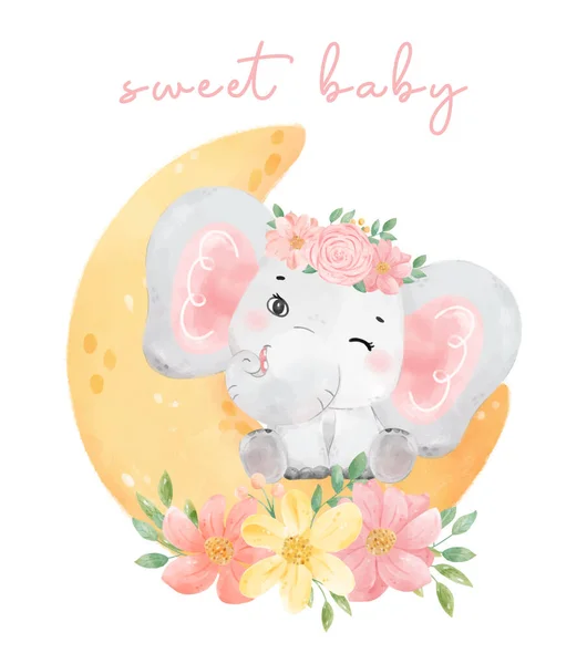 Watercolor Animal Baby Elephant Pink Sitting Floral Crescent Moon Nursery — Vector de stock