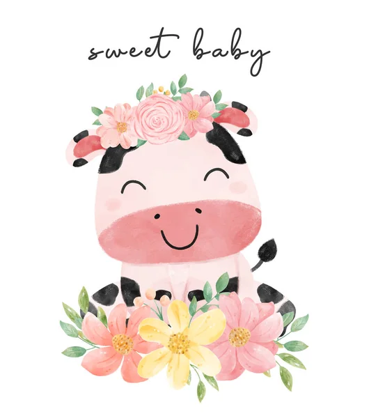 Watercolor Animal Baby Cow Sitting Floral Bouquet Sweet Nursery Art — Stock vektor