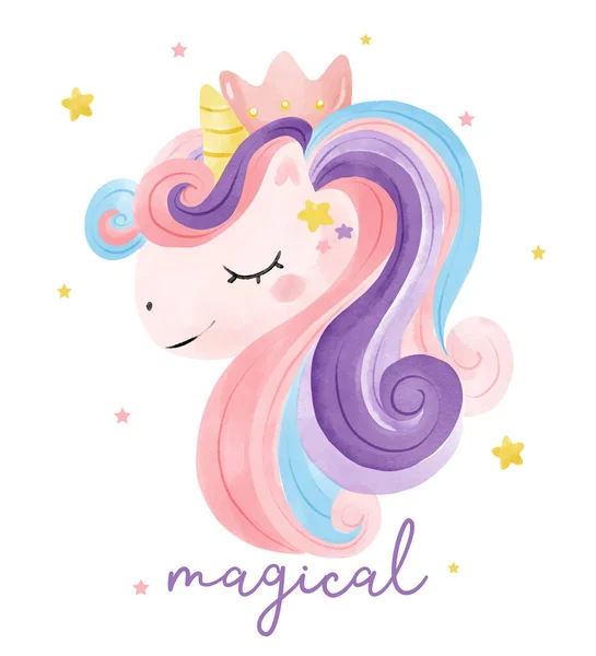 Cute Watercolor Magical Purple Unicorn Face Cartoon Doodle Vector Illustration — Stockvector