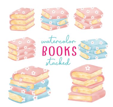 cute sweet watercolor stacked of daisy flower books set, hand drawn painting illustration vector 