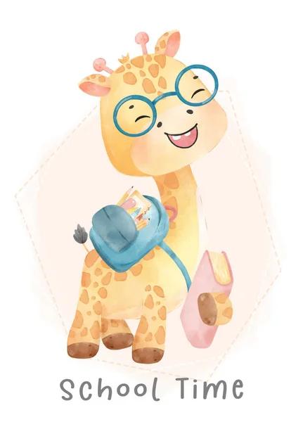 Cute Watercolor Happy Nerdy Kid Giraffe School Backpack Book Back — Vetor de Stock