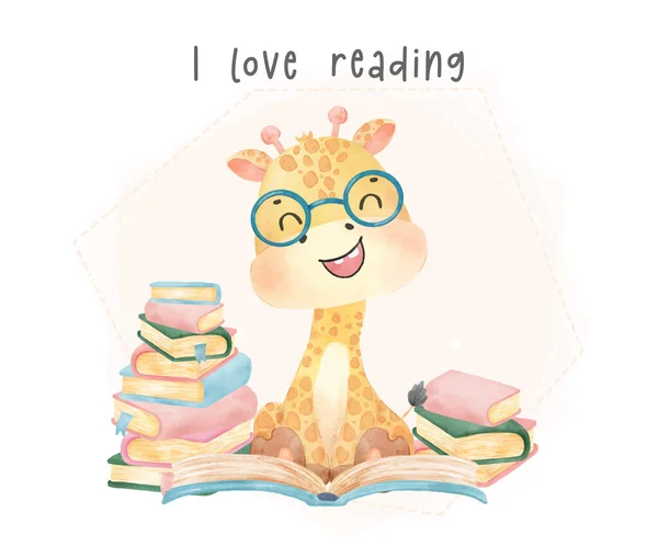 Милий Акварель Щасливий Нервовий Дитина Жираф Читає Багато Книг Люблю — стоковий вектор