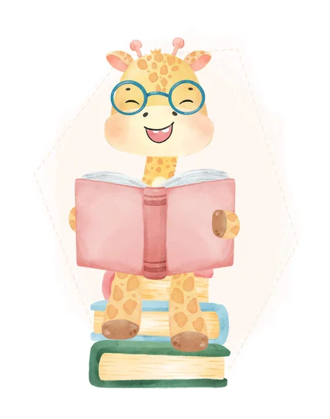 Милий Акварель Щасливий Ботанік Дитина Жираф Читає Книгу Складеній Книзі — стоковий вектор