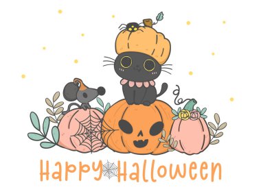 cute Halloween black kitten cat pumpkin costume hat sits on orange pumpkins, animal cartoon doodle hand drawing, Happy Halloween
