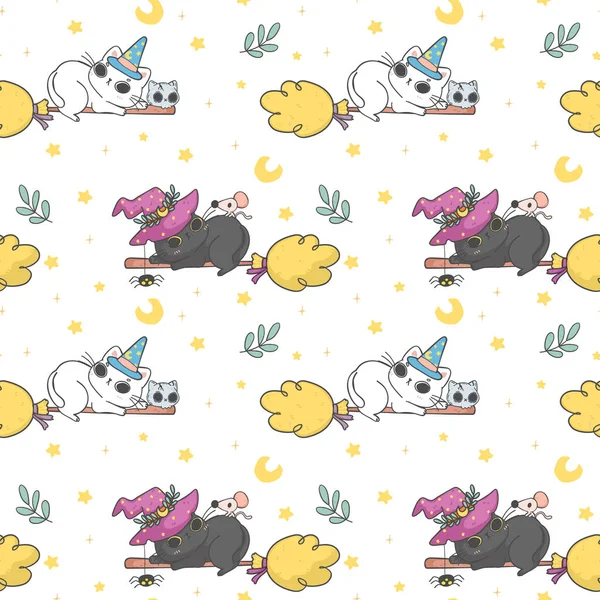 cute kitten cat witch on broomstick halloween pattern seamless background cartoon doodle hand drawn