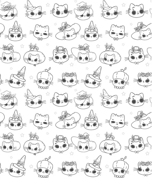 pattern seamless background Halloween kitten cat outline black doodle isolated on white