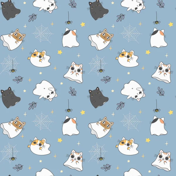 cute ghost kitten cat halloween pattern seamless background cartoon doodle hand drawn