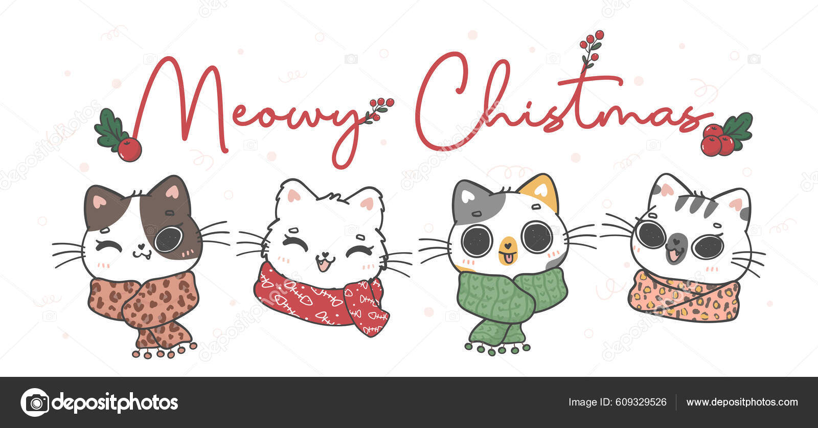 可爱的圣诞猫咪带着冬季围巾动物涂鸦卡通画图例横幅背景图库矢量图©Natsicha 609329526, image size:1600x837