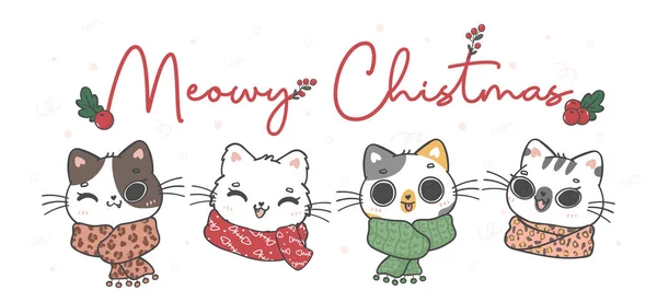 可爱的圣诞猫咪带着冬季围巾动物涂鸦卡通画 图例横幅背景 — 图库矢量图片
