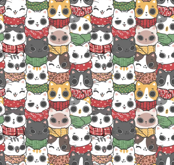 Niedlich Hintergrund Muster Nahtlose Doodle Winter Schal Kätzchen Katze Doodle — Stockvektor