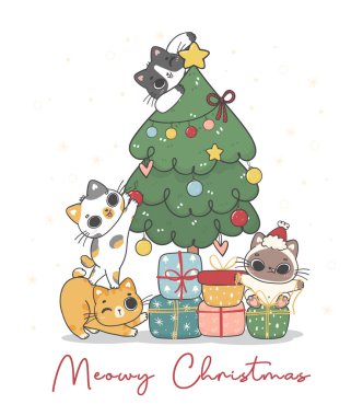 Bir çam ağacını süsleyen bir grup kedi yavrusu, neşeli kedi, çizgi film karakteri, tebrik kartı için karalama vektör fikri