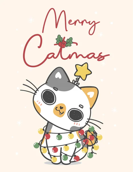 Bonito Feliz Calico Gatinho Gato Natal Gato Árvore Alegres Catmas — Vetor de Stock