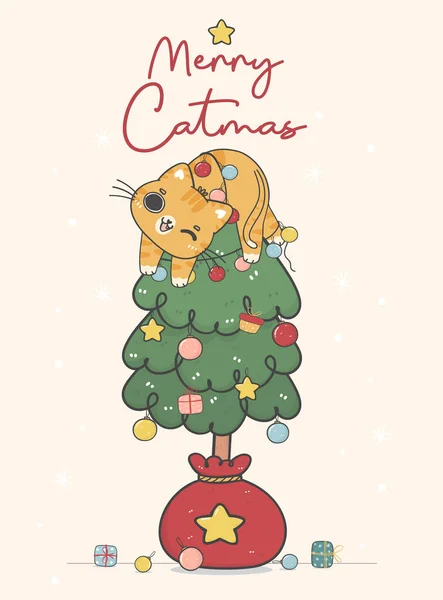 Cute Happy Naughty Oragne Ginger Kitten Cat Hanging Christmas Decorated — 스톡 벡터