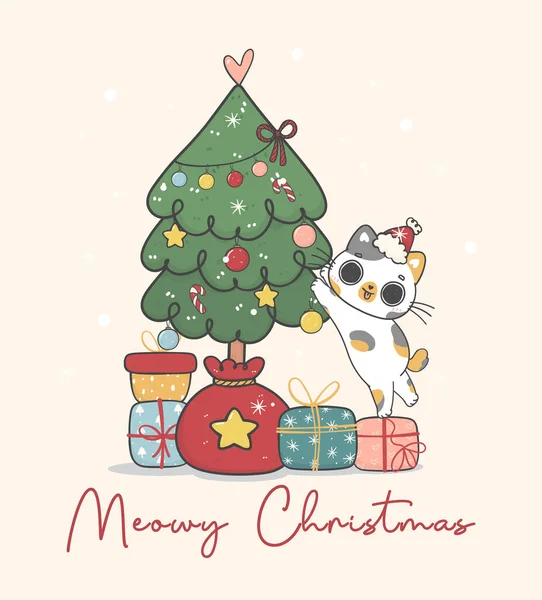 Χαριτωμένο Άτακτος Γάτα Calico Γατάκι Στέκεται Διακόσμηση Ένα Χριστουγεννιάτικο Πεύκο — Διανυσματικό Αρχείο
