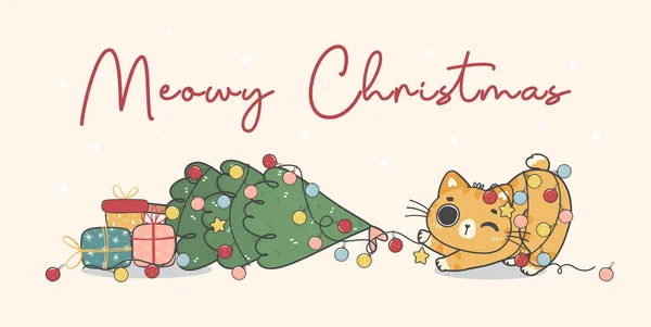 Şirin, turuncu kedi yavrusu Noel süslemeli çam ağacını, neşeli kedileri, çizgi film karakteri el çizen tebrik kartı için karalama vektörü fikrini yok et.
