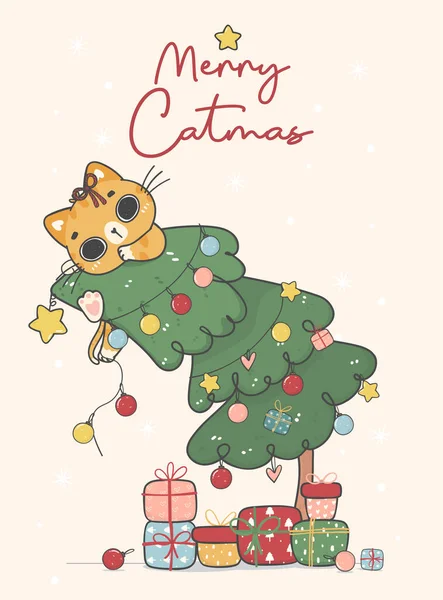 Lindo Divertido Travieso Naranja Jengibre Gatito Gato Colgando Navidad Decorado — Vector de stock