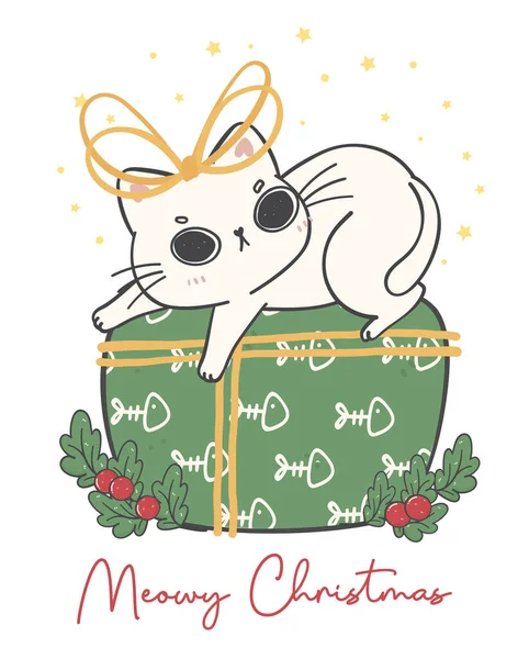 可爱暴躁的白猫圣诞节在绿色礼品盒上 闷闷不乐的圣诞节 可爱快乐的卡通动物手绘病媒 — 图库矢量图片