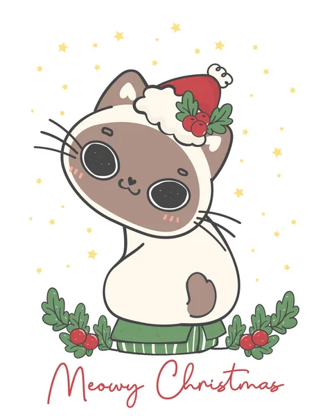 笑容可亲的暹罗山猫山猫圣诞戴上圣诞礼帽坐在绿色礼品盒上 闷闷不乐的圣诞 可爱快乐的卡通动物手绘病媒 — 图库矢量图片