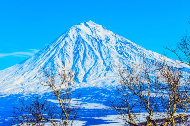 Rusya, Kamçatka Yarımadası. freeride Kayak volkanlar üzerinde.
