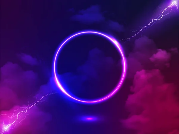 Neon circle, glowing round frame, pink blue neon light, Electric Lightning, confrontation or fight between two lightning. Energy source, ultraviolet spectrum, laser ring, fog. Abstract Illustration.