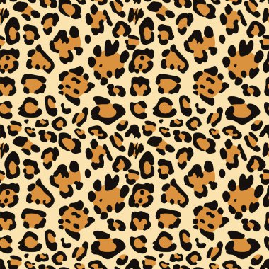 Leopar desenli kusursuz desen, hayvan kürkü, leopar benekli deri dokusu. Vektör illüstrasyonu.