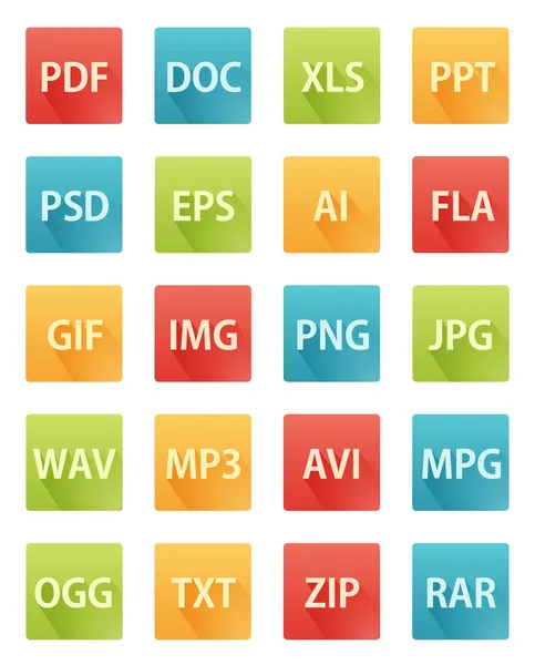 Långa skugga platt ikoner för filformat — Stock vektor