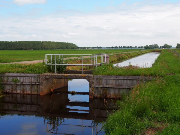 Una diga nel tipico paesaggio agricolo olandese — Foto Stock