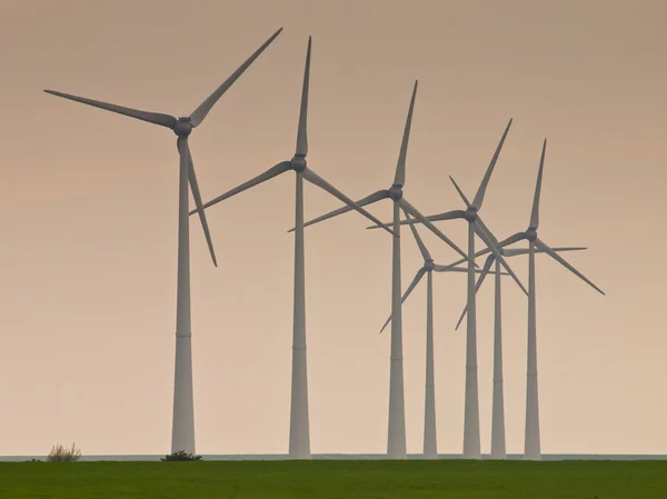 Wiersz o windturbines podczas zachodu słońca — Zdjęcie stockowe