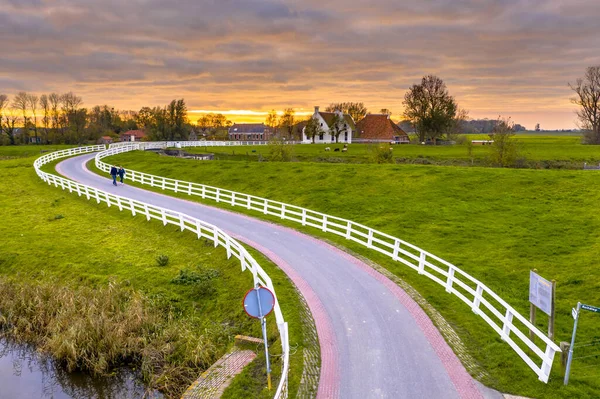 Scène Aérienne Paysage Campagne Hollandais Avec Des Maisons Historiques Soir — Photo