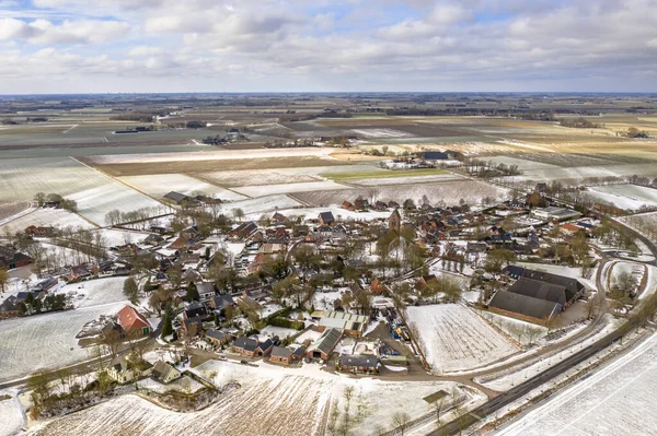 Vista Aérea Aldea Godlinze Paisaje Invierno Con Nieve Provincia Groningen —  Fotos de Stock