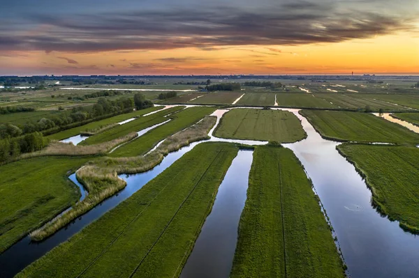 Veduta Aerea Del Tramonto Sul Paesaggio Storico Olandese Waterland Maggio — Foto Stock
