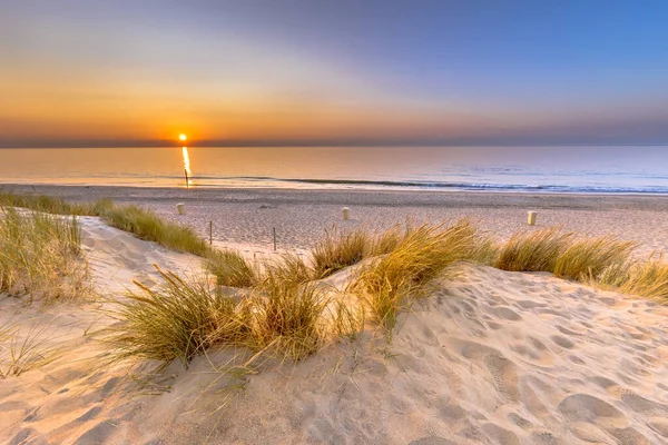 Tramonto Vista Sull Oceano Dalle Dune Sul Mare Del Nord — Foto Stock