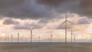 Denizdeki Windfarm açıklarında. IJsselmeer 'in sularında bulutlu gökyüzünün altında bir grup rüzgar türbini. Rüzgar enerjisi sürdürülebilirliğe giden yeşil tepside elektriğin en ucuz formlarından biri haline geldi. Hollanda.