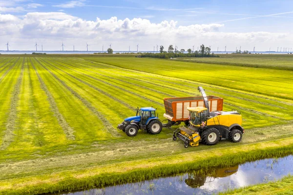 Trator Colheitadeira Pastagens Agrícolas Verdes Frescas Cortadas Sob Céu Nublado — Fotografia de Stock