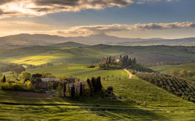 San Quirico d 'Orcia yakınlarındaki Toskana kırsalında sisli sabahın erken saatlerinde Toskana, İtalya, Nisan ayında.