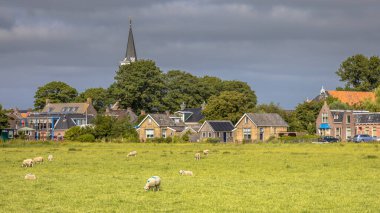 Village scene of Tjerkwerd hamlet with church houses grassland and sheep under cloudy sky