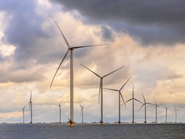 Denizdeki Windfarm açıklarında. IJsselmeer 'in sularında bulutlu gökyüzünün altında bir grup rüzgar türbini. Rüzgar enerjisi sürdürülebilirliğe giden yeşil tepside elektriğin en ucuz formlarından biri haline geldi. Hollanda.