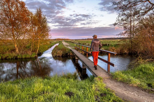 Walker Crossing Bridge River Dutch Countryside National Park Landscape Drentsche — Stock Photo, Image