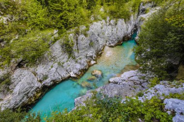 Triglav Ulusal Parkı 'nda canlı mavi Soca nehri, Julian Alps, Slovenya Avrupa