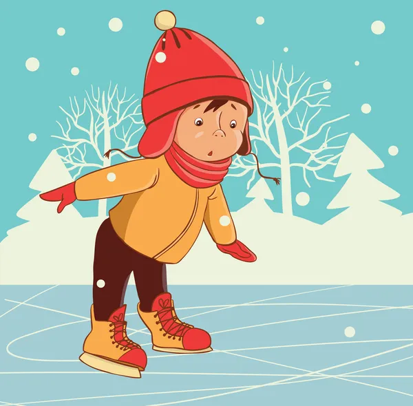 Ice skating boy. Winter on frozen ice lake — Stock Vector