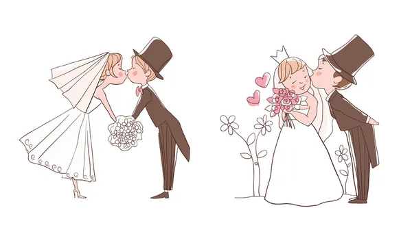 Set de bodas: Novia y novio besándose — Vector de stock