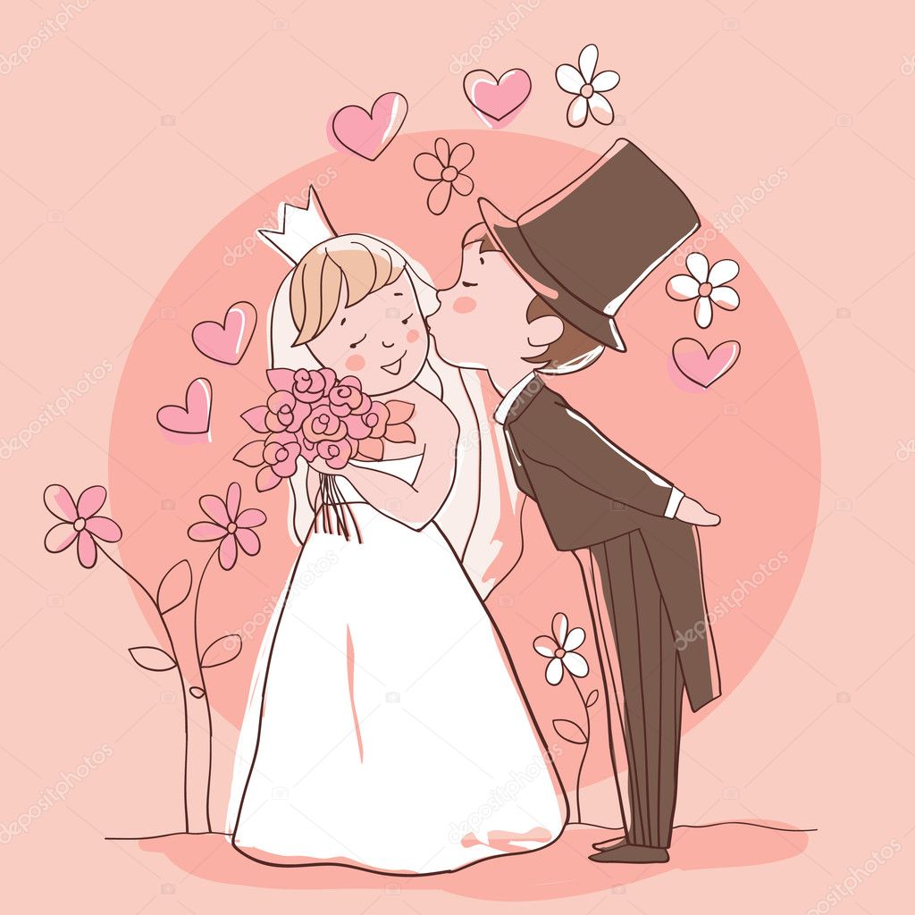 Wedding set: Bride and groom kissing