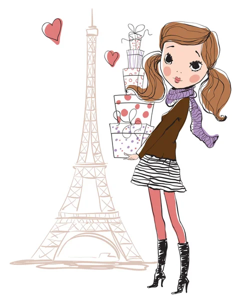 在巴黎购物的女孩 — 图库矢量图片