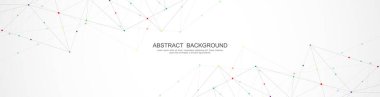 Soyut çokgen arkaplan ve noktaları ve satırları birleştiren web sitesi başlığı veya afiş tasarımı. Genel ağ bağlantısı. Metnin için pleksus arkaplanı ve alanı olan dijital teknoloji