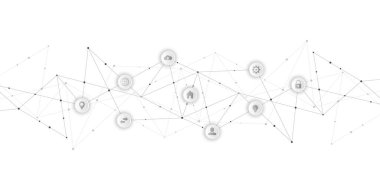 Bilgi teknolojisi arka planı, bilgi elemanları ve düz simgeler. Dijital teknoloji, ağ bağlantısı ve iletişim konsepti. Vektör illüstrasyonu