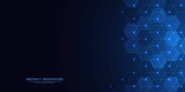 Geometrik şekilli ve altıgen desenli soyut bir arkaplan. Tıp, teknoloji veya bilim tasarımı için vektör illüstrasyonu