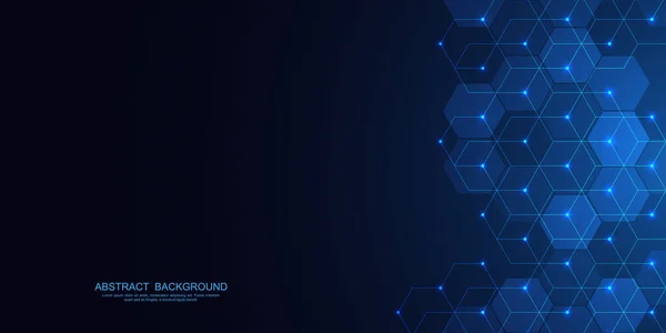 Geometrik şekilli ve altıgen desenli soyut bir arkaplan. Tıp, teknoloji veya bilim tasarımı için vektör illüstrasyonu