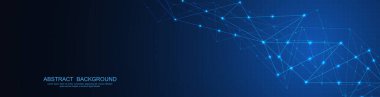 Soyut çokgen arkaplan ve noktaları ve satırları birleştiren web sitesi başlığı veya afiş tasarımı. Genel ağ bağlantısı. Metnin için pleksus arkaplanı ve alanı olan dijital teknoloji