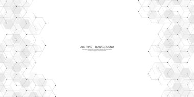 Geometrik şekilli ve altıgen desenli soyut bir arkaplan. Tıp, teknoloji veya bilim tasarımı için vektör illüstrasyonu