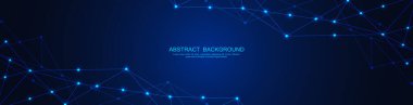 Soyut çokgen arkaplan ve noktaları ve satırları birleştiren web sitesi başlığı veya afiş tasarımı. Genel ağ bağlantısı. Metnin için pleksus arkaplanı ve alanı olan dijital teknoloji